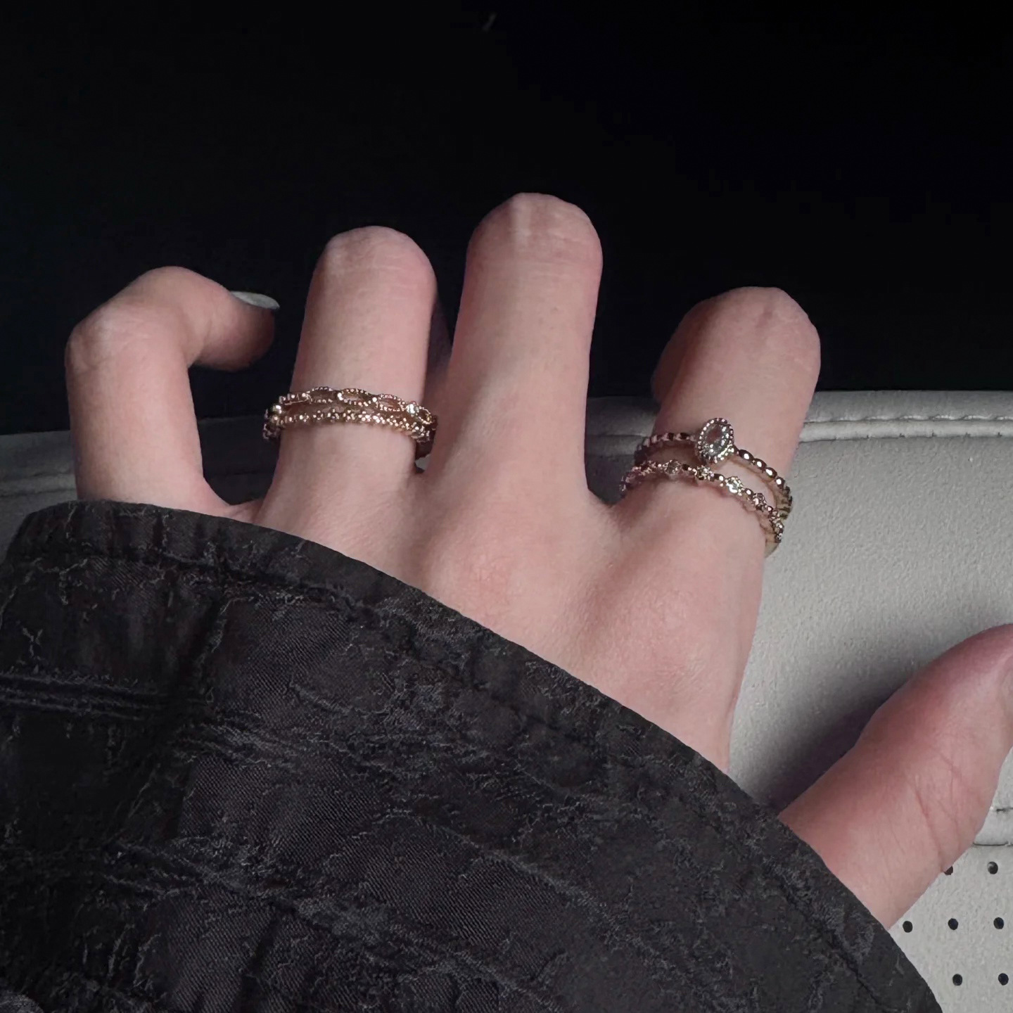 Vintage coffee gold hollow-out ring with full diamond embellishments, a luxurious and elegant design for women, suitable for wearing on the index finger, and can be layered with other rings, creating a cool and versatile look