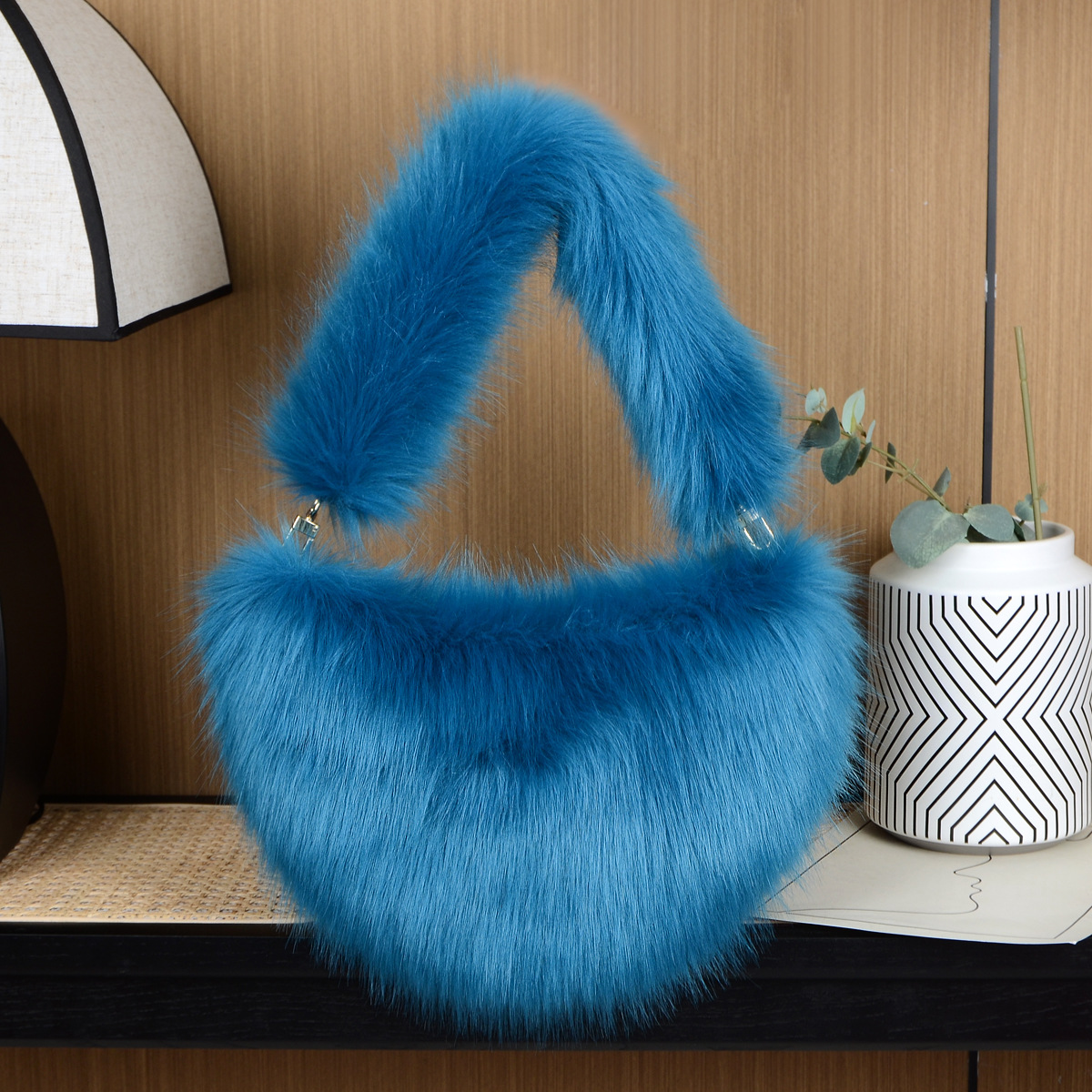 Fashion women's bags solid color plush messenger bag women's wool semi circular dumpling bag handbag_voghion.com