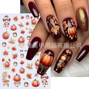 Cross-Border New Autum Nail Art Stickers Ins Style Hot Stamping Autum Pumpkin Fallen Leaves Chestnut Harvest Adhesive Nail Stickers
