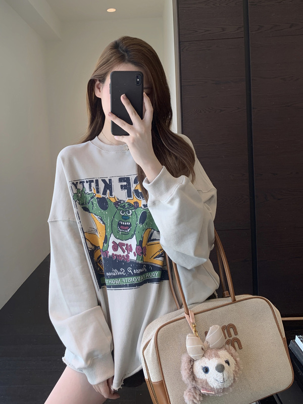 朵妮 DN◆甜酷范 韩系减龄慵懒时髦卡通印花显瘦毛边卫衣女2025新|undefined