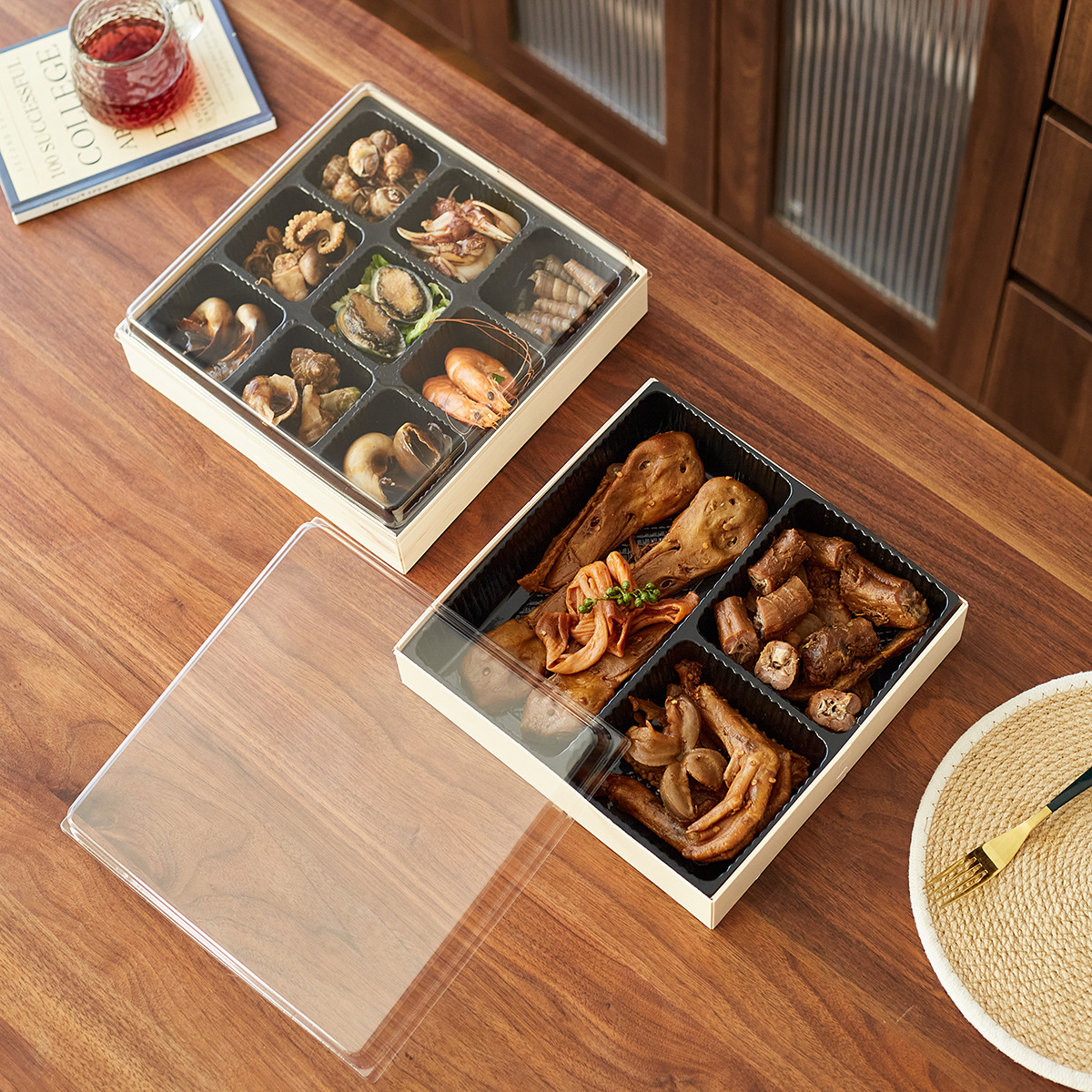 Caja de madera desechable para llevar, caja de embalaje de productos de marisco, caja de embalaje de alimentos cocinados, caja de embalaje separada de sabor marinado, caja de embalaje de nueve gentes