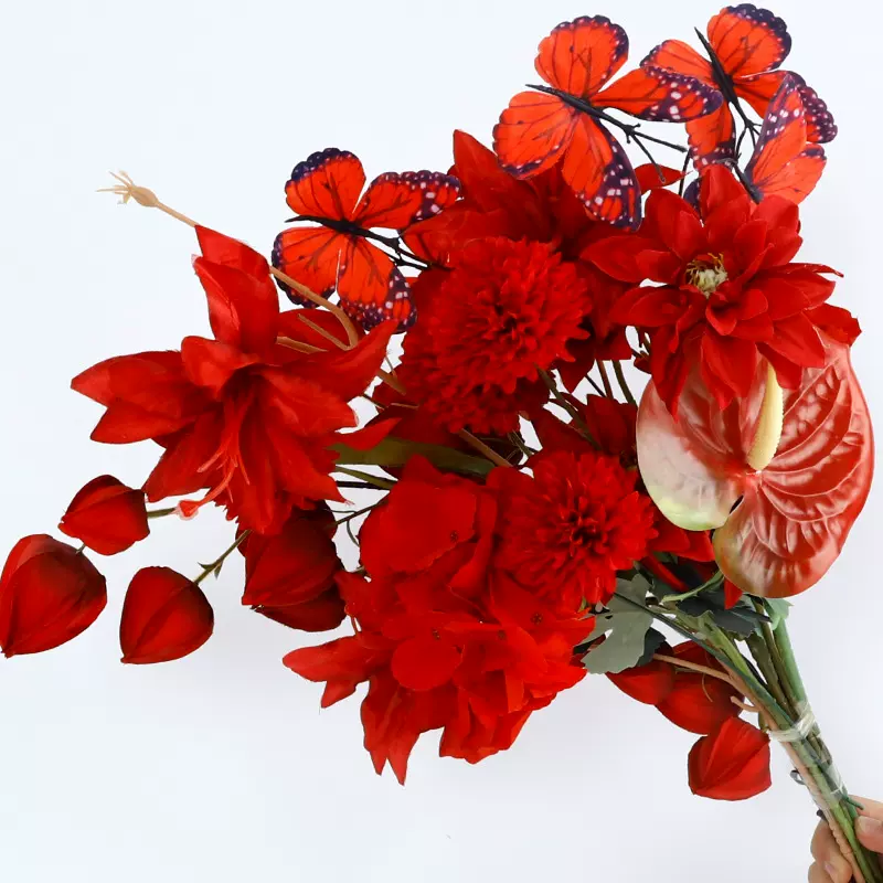 2026年宵花系列福桶材料红色叶子红掌蝴蝶兰冬青手工DIY用批发