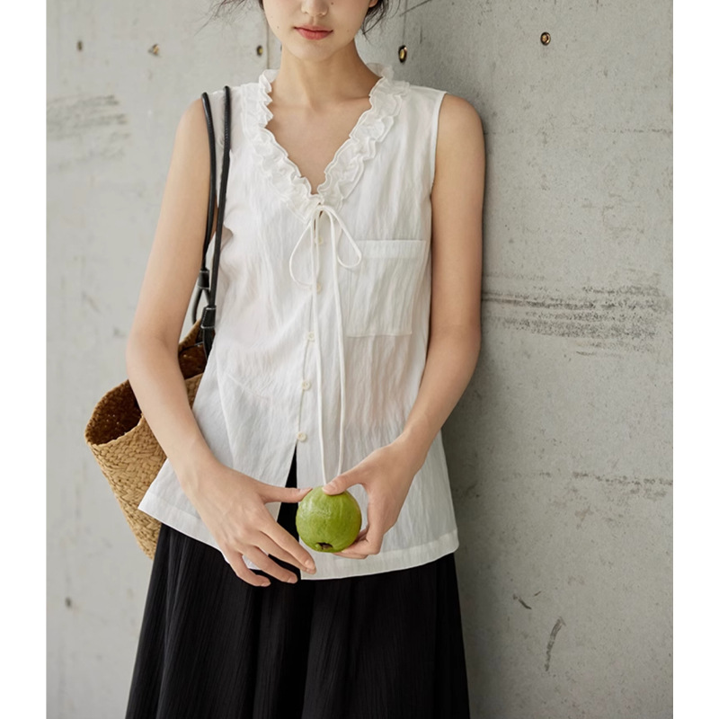 French-Style Elegant Imitation Tencel V-Neck Lace Design Sleeveless White Top for Women, Summer Blue Tie-Up Shirt