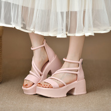 7cm高厚底凉鞋女2024高帮镂空夏季增高松糕简约休闲粗跟罗马鞋女