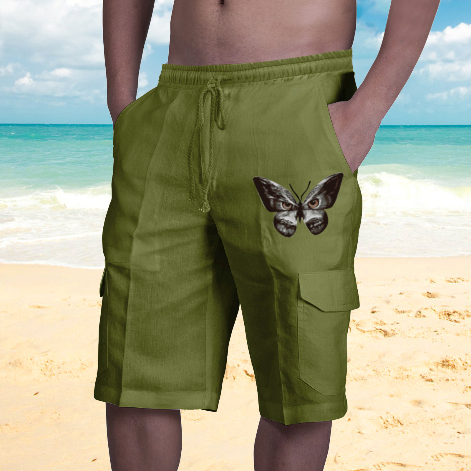 2022 Amazon estación independiente nuevos pantalones cortos de lino transfronterizos europeos y americanos multi-Bolsa de encaje de playa de los hombres monos