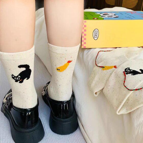 Socks Women's Point Yarn Autumn and Winter Mid-length Stockings Funny Cute Cartoon Personality Stockings Ins Trendy Kitten Fish-eating Explosions