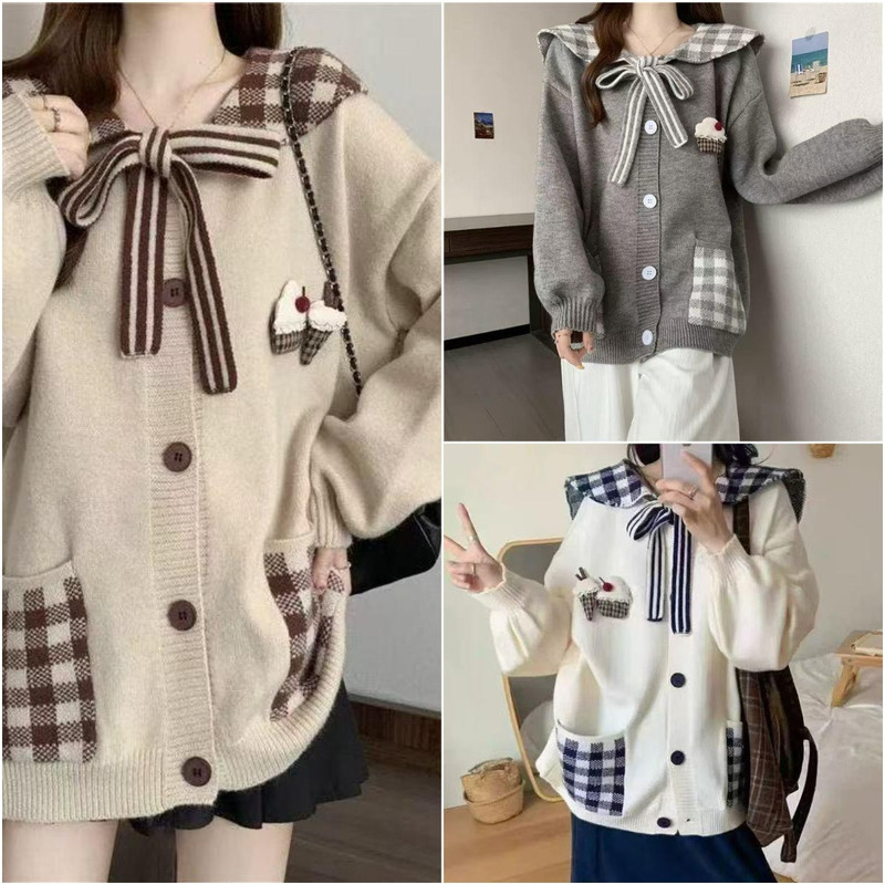 Cross-Border Women's Fashion Foreign Trade Cardigan Knit Jacket Age-Reducing Fashion New Navy Collar Loose Versatile Knit Cardigan Trend