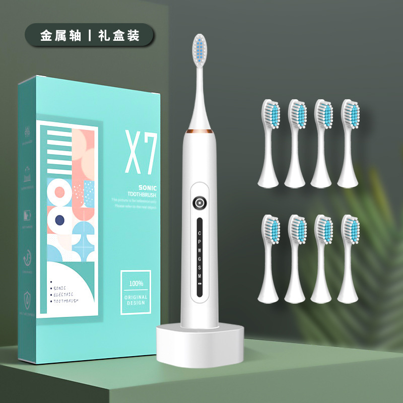 심플 화이트 | 금속 샤프트 | 선물 상자 [칫솔모 8개 + 고속 충전 베이스] 배터리 수명 60일 | 기어 6개