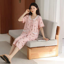 夏季新款纯棉女短袖七分裤开衫睡衣印花休闲女家居服图片色圆领