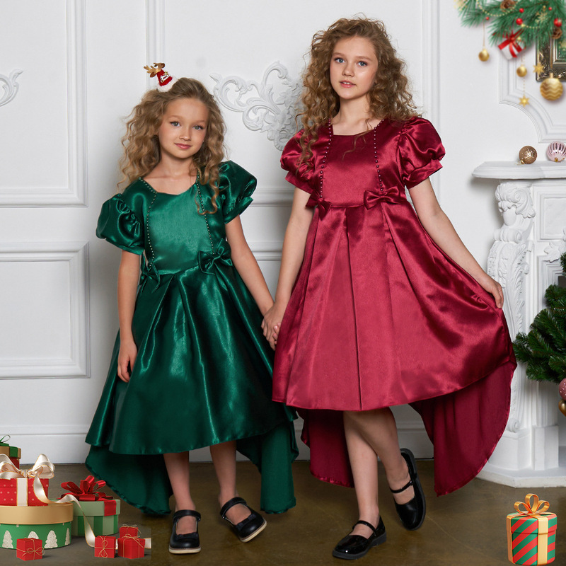 Amazon New Christmas Children's Forged Cloth Bubble Sleeve Trailing Piano Performance Dress Party Carnival Evening Dress