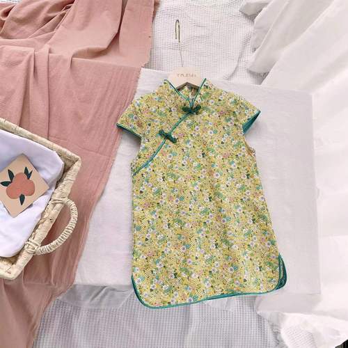Girls Chinese style retro Hanfu summer new style children's style cheongsam girl floral dress baby skirt