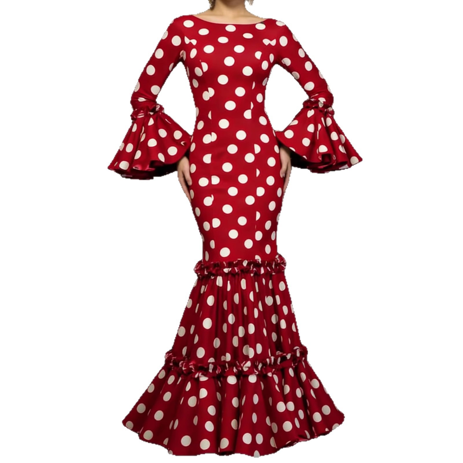 Comercio exterior Europa y América 2026 explosión punto ondulado cuerno mangas de cola de pez vestido retro borde de loto vestido de cintura de mujer image 5