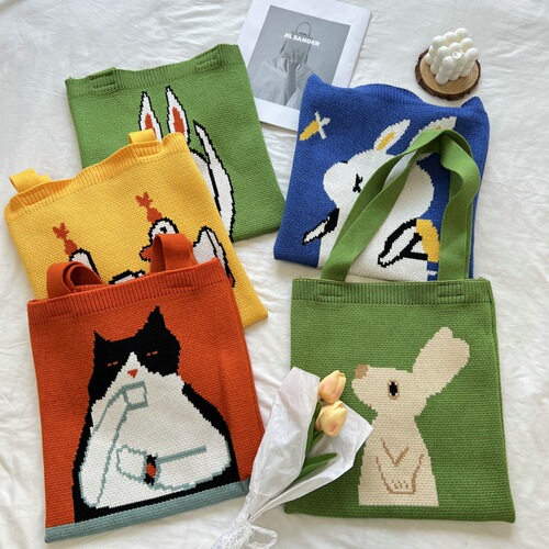 Knitted Bag Looking Up Rabbit Bag Women Large Capacity Green Cartoon Women's Bag Shoulder Handbag Tote Bag Shopping Bag