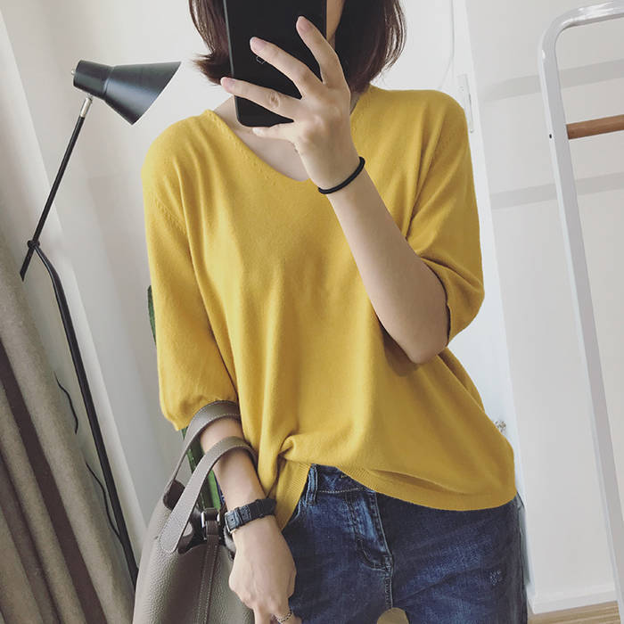 Long-Sleeved T-Shirt for Women 2023 Spring and Summer Bottoming Knitwear V-Neck Student Korean Style Loose Mid-Sleeve Knitwear Top Plus Size Women