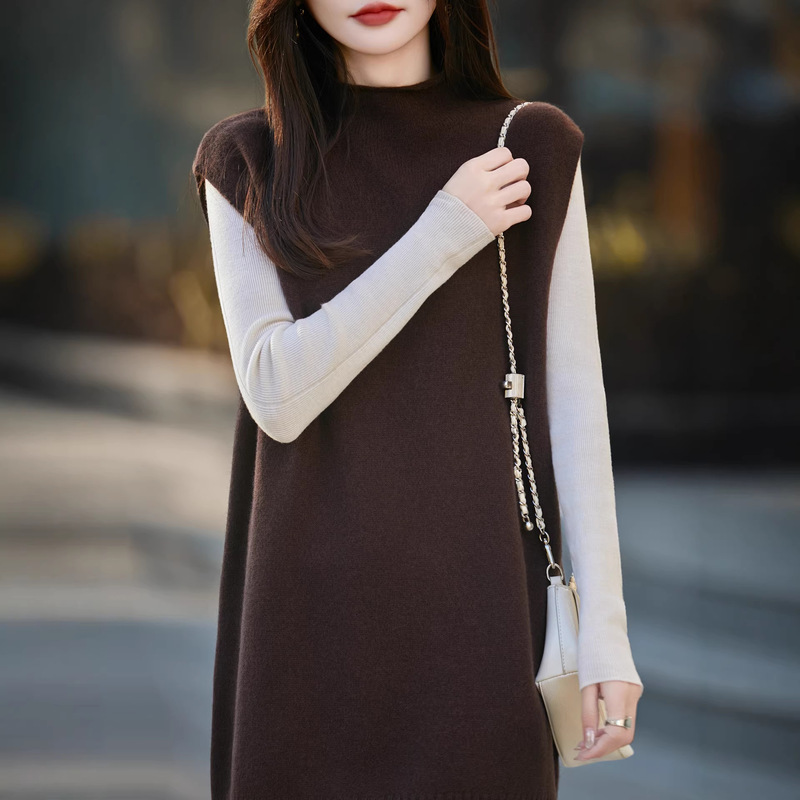 New Autumn and Winter Style 100% Wool Half-High Collar Rolled-Edge Knitted Vest, Sleeveless Solid Color Layered Long Vest for Women