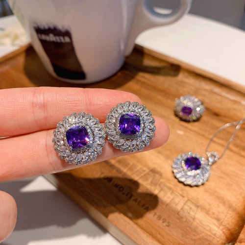 Zhuang Shengsheng Jewelry European and American Retro Imitation Dove Purple Blue Zircon Square Luxury Inlaid Pendant Earring Ring Jewelry Set 