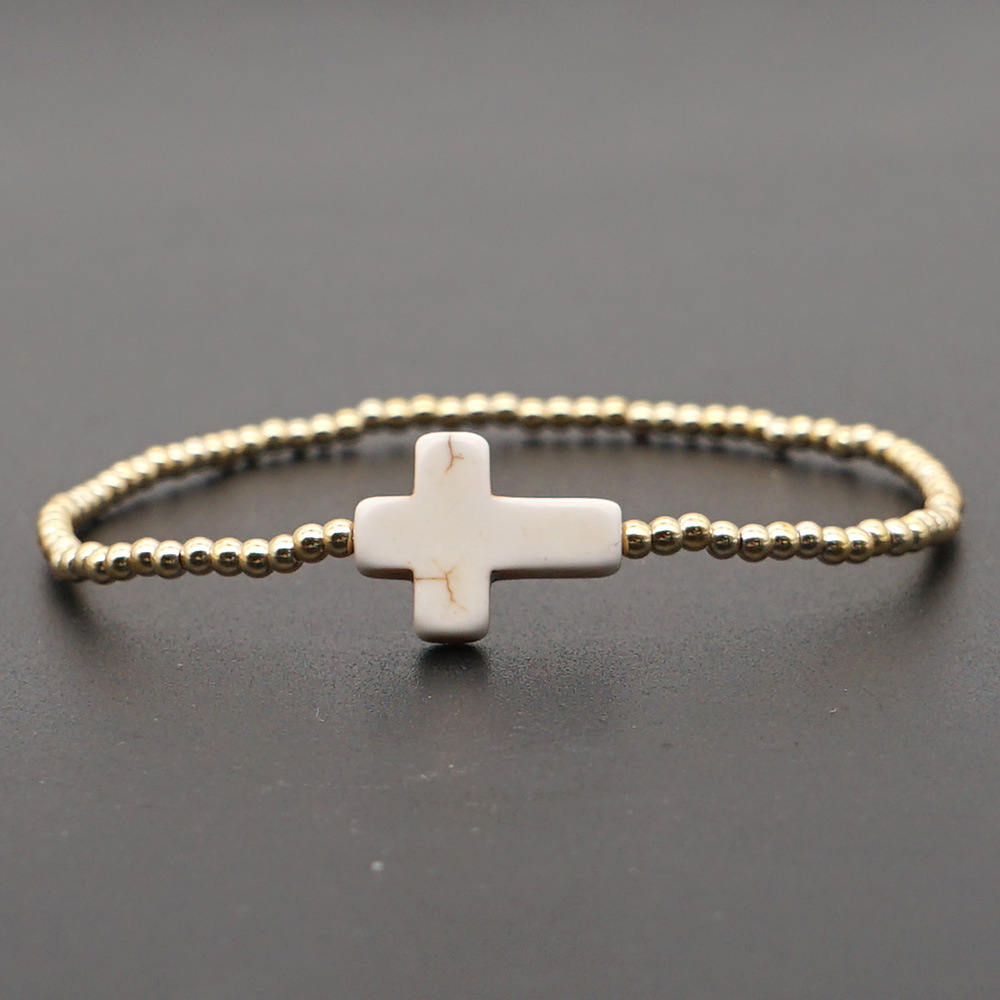 New Simple Acrylic Gold-plated Non-fading Beaded White Turquoise Cross Bracelet display picture 5