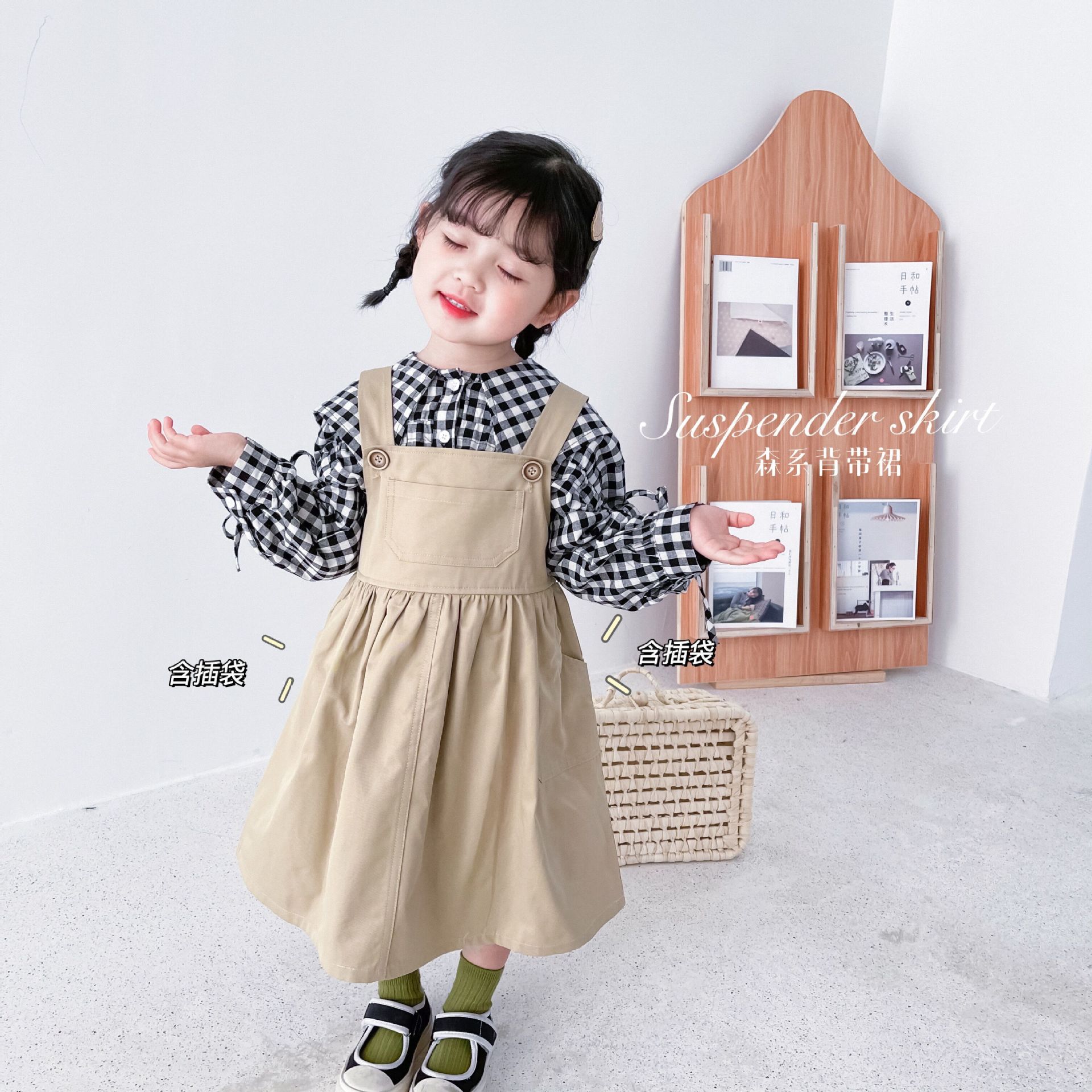 British style ~ Korean children's clothing girls spring and autumn Western style khaki suspender vest skirt with slip pocket suspender skirt trendy style