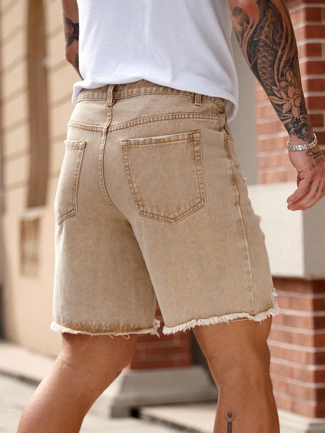 Khaki Denim Shorts For Men Distressed Details Frayed Edges Casual Five Point Design Summer Fashion American Style_viptrois.com