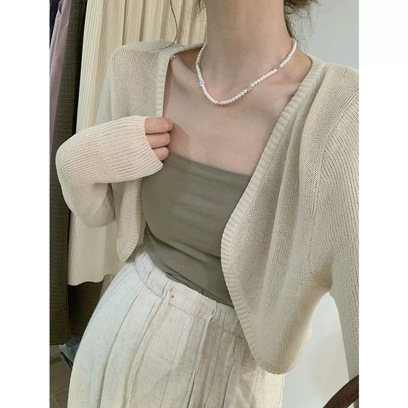 Кардиган, тонкая женская юбка на подтяжках, блузка, маленькая шаль, летний вязаный французский жилет, длинные рукава, для похудения.
