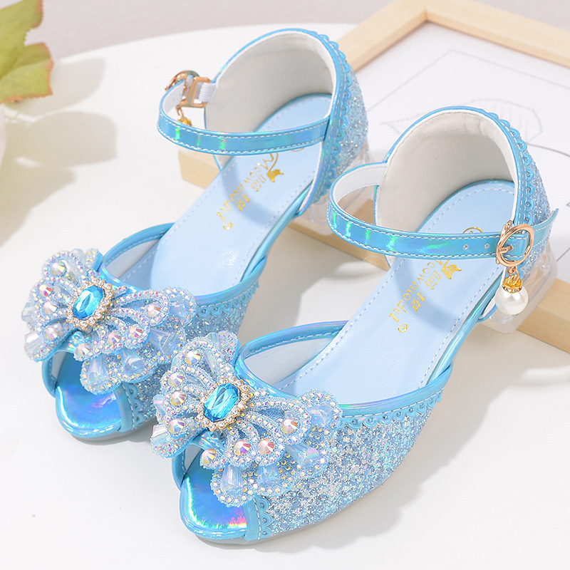 Frozen Aisha Sandals 2024 New Girls Sandals Summer Children's Crystal Shoes Rhinestone Bow High Heels