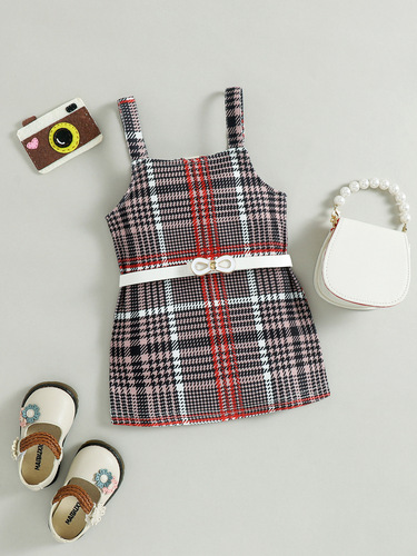 Baoxin Foreign Trade Baby and Child Suit Baby Girl Summer Puff Sleeve Plaid Suspender Skirt Belt Children's Suit
