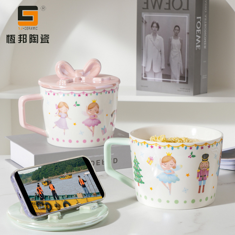 Pares de cerámica de alto valor de cara, bolsas de fideos de cerámica de niñas convenientes, tazas y tazones con soporte de teléfono móvil, cubierta de arco de lujo ligero