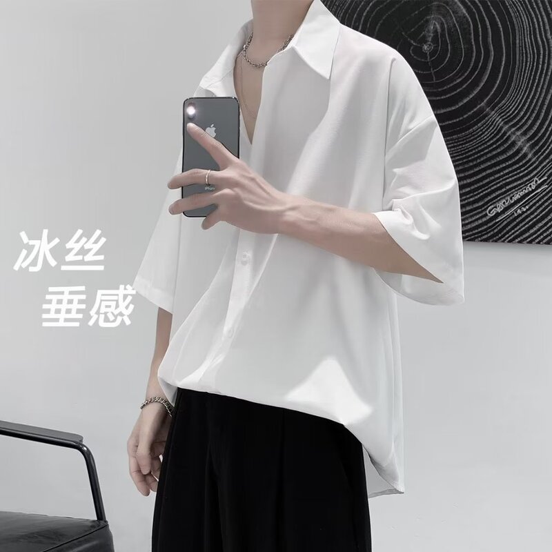Japanese Style Elegant Ice Silk Short-sleeved Shirt Men's Summer High-end Top Draped Style Handsome Half-sleeved Casual Thin Shirt