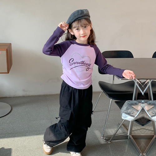Children's clothing love printed girls' T-shirt long-sleeved pure cotton children's spring top 2024 new girl's bottoming shirt