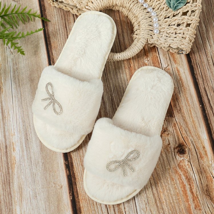 跨境亚马逊中东爆款开口露趾水钻蝴蝶结时尚休闲舒适居家室内外棉拖鞋毛拖