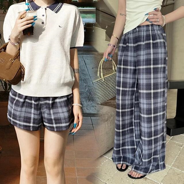 Maternity Straight-Leg Pants 2026 New Summer Thin Plaid Drawstring Casual Shorts Long Pants Straight Wide-Leg Pants