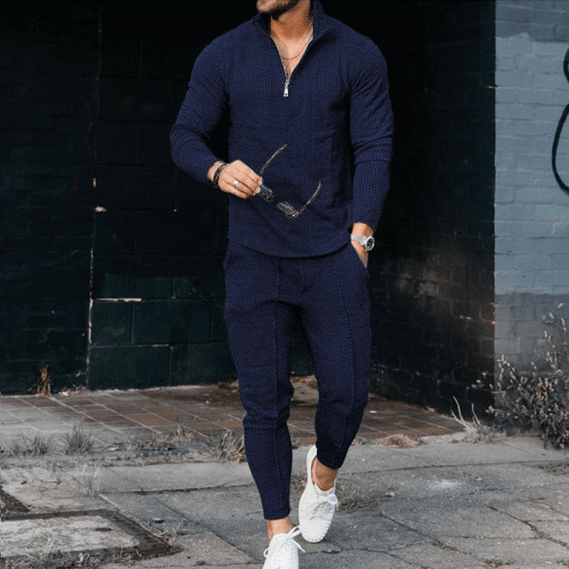 El comercio exterior de los hombres de otoño textura traje de manga larga polo desgaste pantalones deportivos moda casual media cremallera soporte collar traje