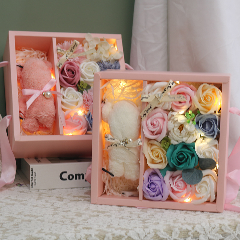 创意伴手礼可爱毛巾熊香皂花礼盒仿真玫瑰康乃馨礼品套装跨境代发