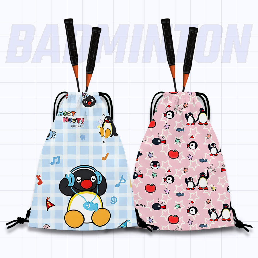 New Trendy Penguin Tennis Bag with Printed Design, Cute Cartoon Style, Portable Drawstring Tennis Bag for Students