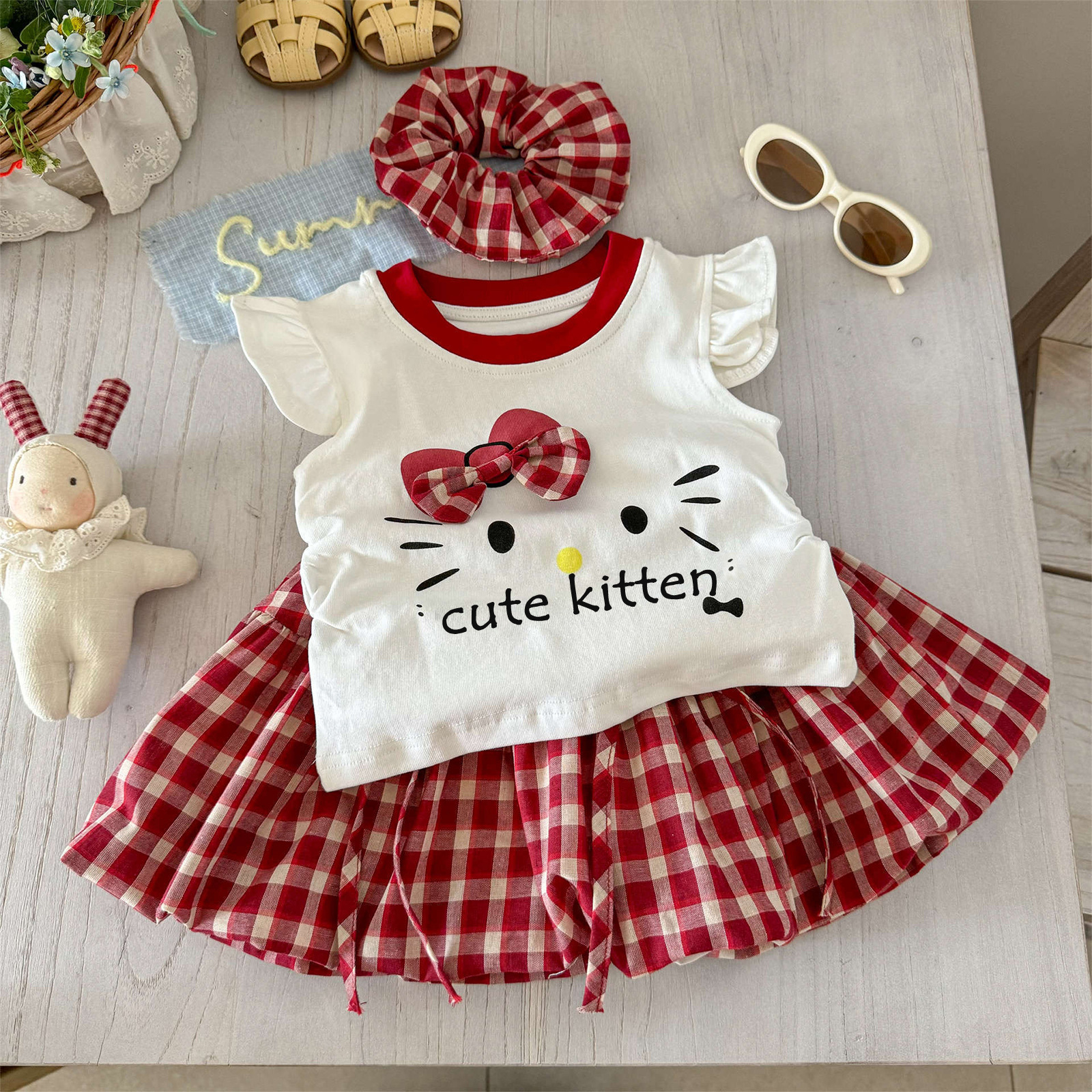Girls Suit 2025 New Summer Baby Girl Cartoon Cute Kt Cat Top + Plaid Bud Skirt Two-Piece Set