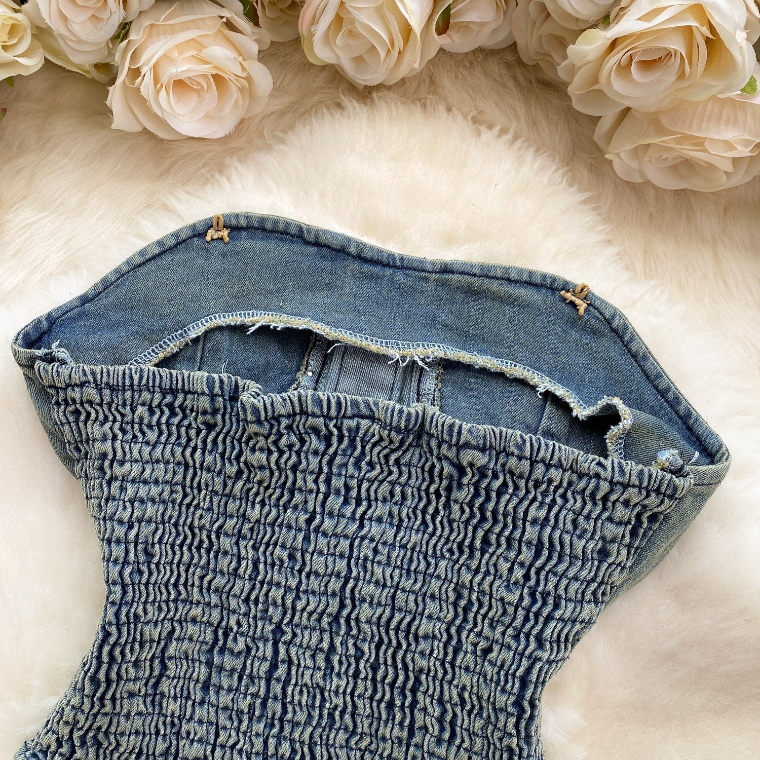 Women's Slimming Beaded Denim Suit Sexy Strapless Top High Waist Slightly Flared Length Retro American Two-Piece Outfit_ecoleips.com
