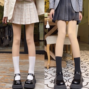 Autumn and Winter Japanese double-layer fleece-lined stitching fake calf over-the-knee socks anti-drop mid-short tube socks black and white all-match leggings socks