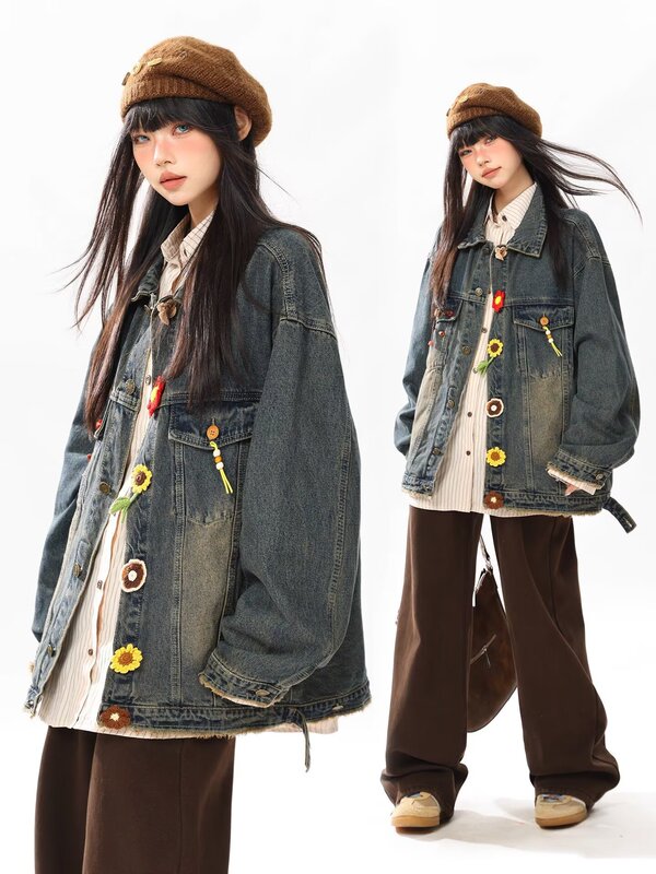 Vintage Distressed Washed Denim Jacket for Women, Autumn 2025 New Design, Loose Fit, Versatile Casual Jacket Top