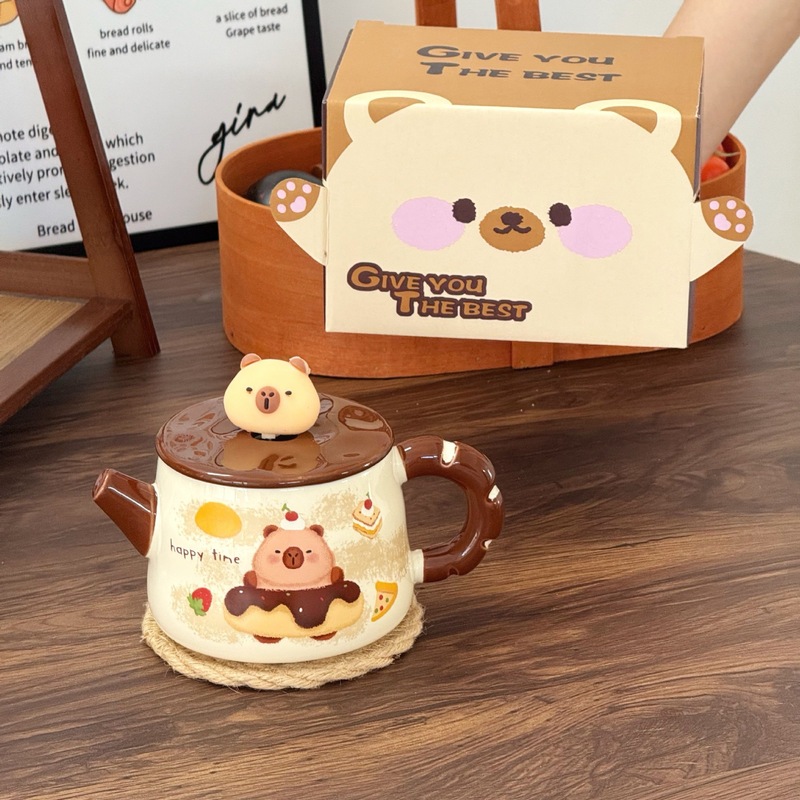 可爱动物马克杯带盖勺高颜值陶瓷水杯女生假壶杯子咖啡早餐杯儿童|undefined