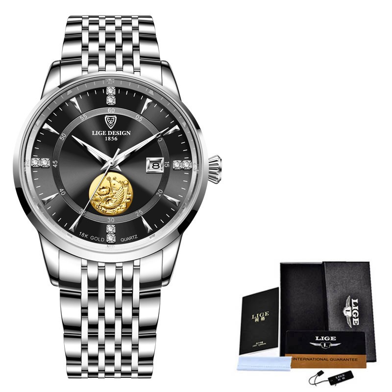 LIGE10050 nueva serie de Lucky Lotus koi reloj de regalo conmemorativo calendario cinturón de acero de negocios incrustado con diamantes