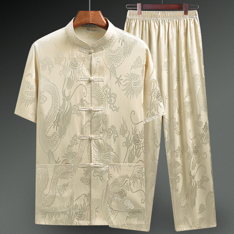 Tang suit for middle-aged and elderly men, made of silk, summer style, Chinese style, thin ice silk short-sleeved set.