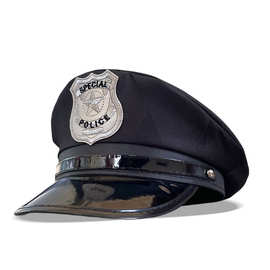 跨境平顶警察帽黑色pu皮革帽檐皮标police帽子刺绣角色扮演平顶帽