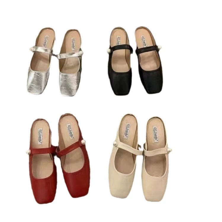 Pearl Baotou Half slippers Women wearing fairy wind 2024 Summer Mueller shoes flat bottom Maryzhen Baotou slippers women