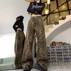 美式复古豹纹牛仔裤女夏季薄款vintage休闲裤嘻哈街舞 拖地直筒裤