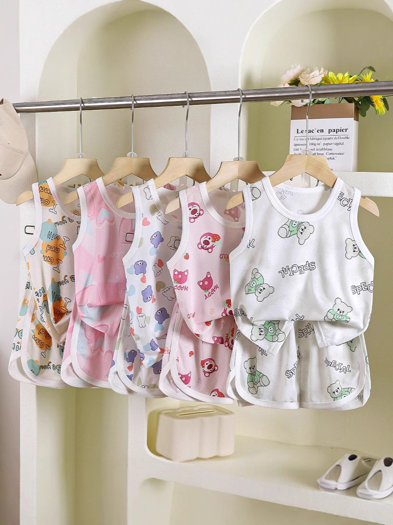子供用ベストセット夏ストラップ氷糸ノースリーブショーツ速乾服男の子用メッシュ薄い子供服卸売