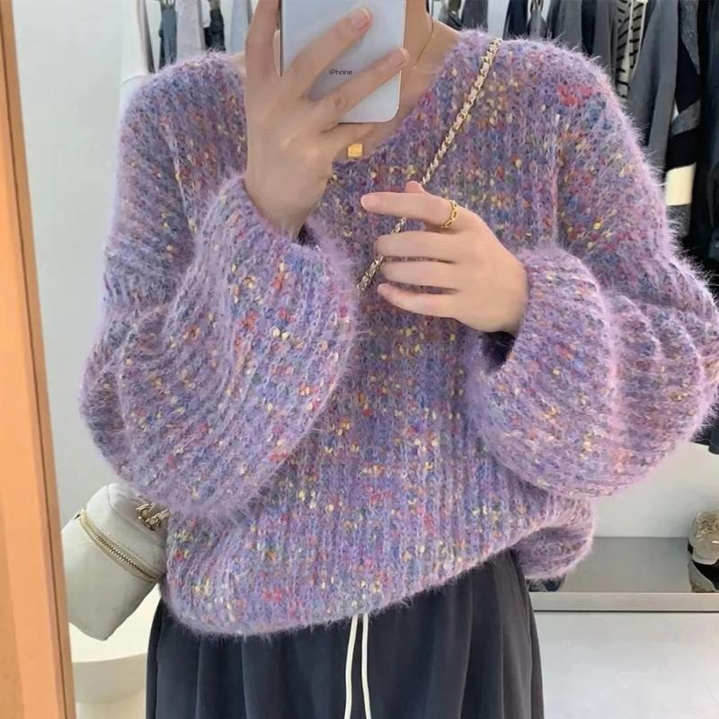 Casual Chic Colorful Polka Dot Sweater for Women 2026 Autumn/Winter V-Neck Pullover Short Thick Knit Top Casual Chic Colorful Polka Dot Sweater for Women 2026 Autumn/Winter V-Neck Pullover Short Thick Knit Top
