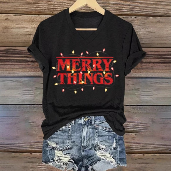 2025 European and American Cross-Border Women's Clothing Merry Christmas V-Neck Short-Sleeved Amazon T-Shirt Tops