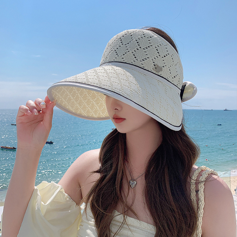 2024 Summer New Women's Knitted Breathable Bow Open Top Hat Outdoor Tourism Sunshade and Sunscreen Fashion Versatile Big Edge Sun Hat_voghion.com