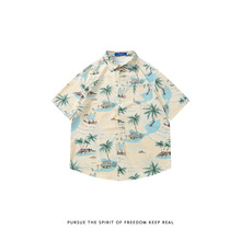 厂家直供椰子树海边沙滩印花夏威夷衬衫男宽松休闲度假风短袖衬衣