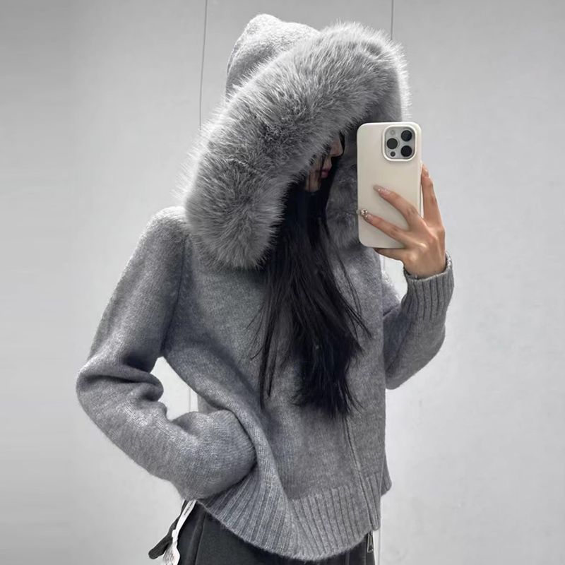 韩国chic秋冬百搭休闲大毛领拉链针织衫外套秋冬款连帽毛衣女开衫